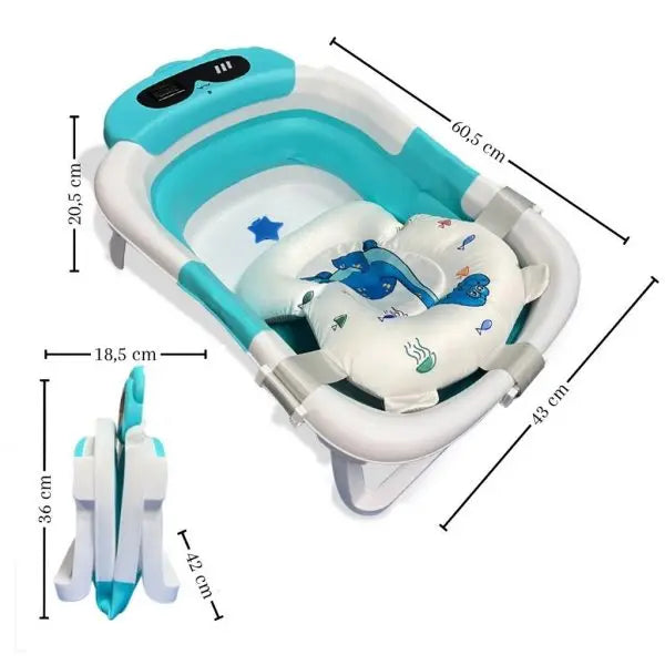 BATHBY Folding Baby Bathtub with Integrated Thermometer and Cushion, Collapsible Design for Easy Storage, Non-Slip Base, Compact Size for Travel, Suitable for Infants 0-18 Months, Available in Dinosaur, Bear, and Frog Pattern