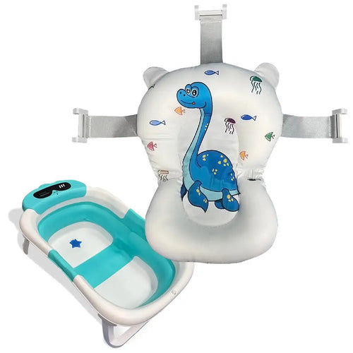 BATHBY Folding Baby Bathtub with Integrated Thermometer and Cushion, Collapsible Design for Easy Storage, Non-Slip Base, Compact Size for Travel, Suitable for Infants 0-18 Months, Available in Dinosaur, Bear, and Frog Pattern