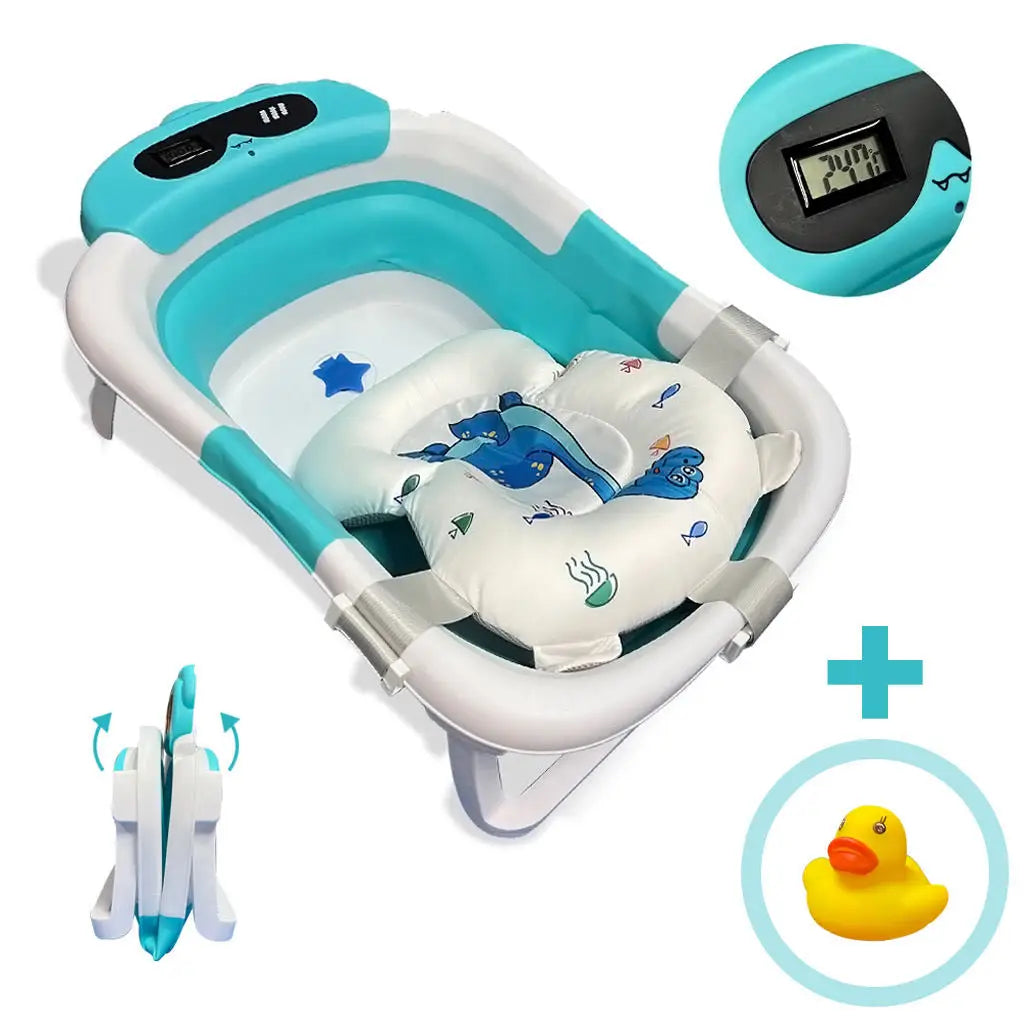 BATHBY Folding Baby Bathtub with Integrated Thermometer and Cushion, Collapsible Design for Easy Storage, Non-Slip Base, Compact Size for Travel, Suitable for Infants 0-18 Months, Available in Dinosaur, Bear, and Frog Pattern