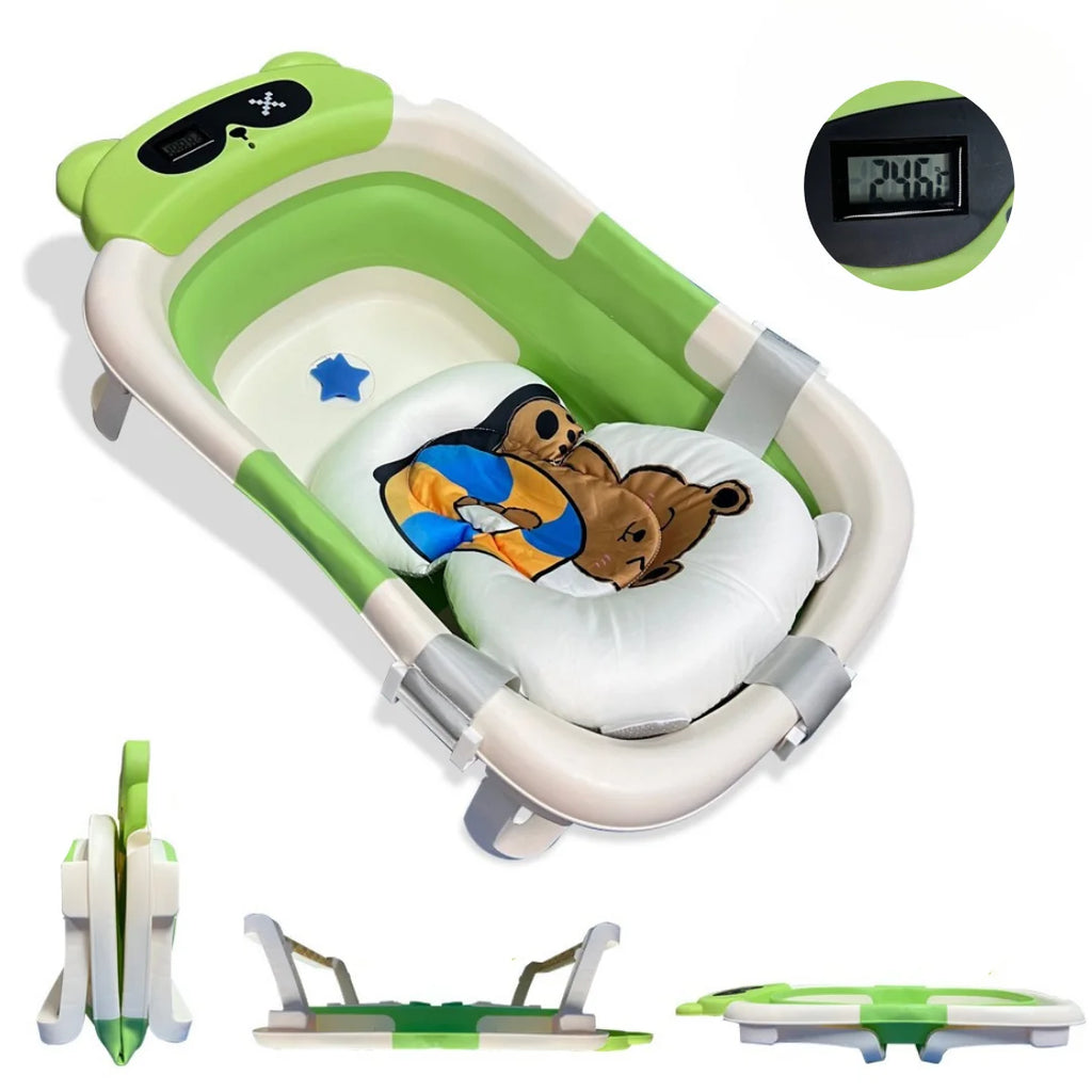BATHBY Folding Baby Bathtub with Integrated Thermometer and Cushion, Collapsible Design for Easy Storage, Non-Slip Base, Compact Size for Travel, Suitable for Infants 0-18 Months, Available in Dinosaur, Bear, and Frog Pattern