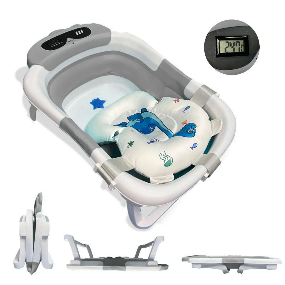 BATHBY Folding Baby Bathtub with Integrated Thermometer and Cushion, Collapsible Design for Easy Storage, Non-Slip Base, Compact Size for Travel, Suitable for Infants 0-18 Months, Available in Dinosaur, Bear, and Frog Pattern