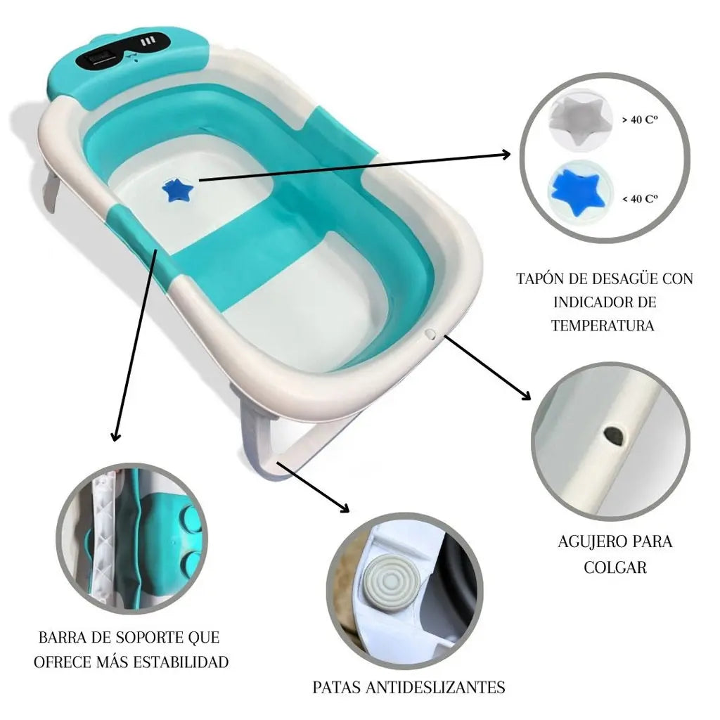 BATHBY Folding Baby Bathtub with Integrated Thermometer and Cushion, Collapsible Design for Easy Storage, Non-Slip Base, Compact Size for Travel, Suitable for Infants 0-18 Months, Available in Dinosaur, Bear, and Frog Pattern