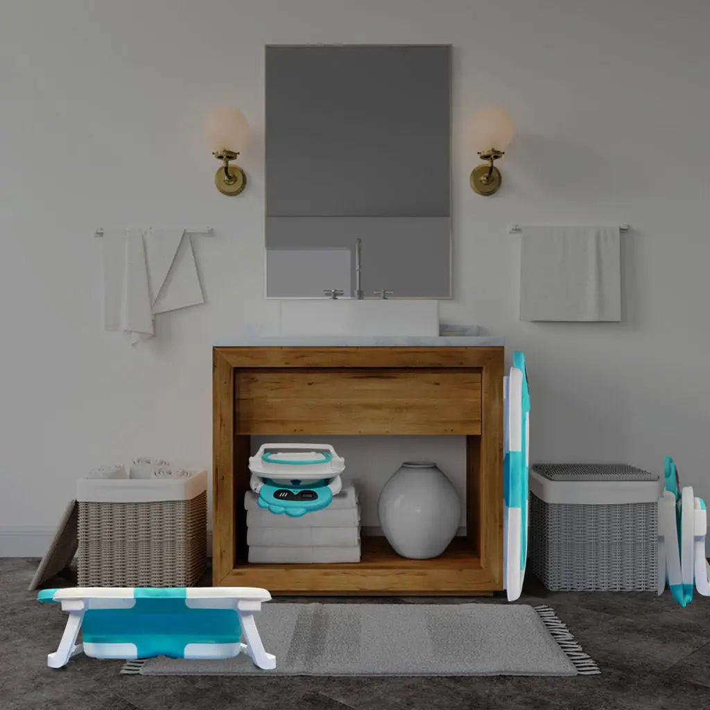 BATHBY Folding Baby Bathtub with Integrated Thermometer and Cushion, Collapsible Design for Easy Storage, Non-Slip Base, Compact Size for Travel, Suitable for Infants 0-18 Months, Available in Dinosaur, Bear, and Frog Pattern
