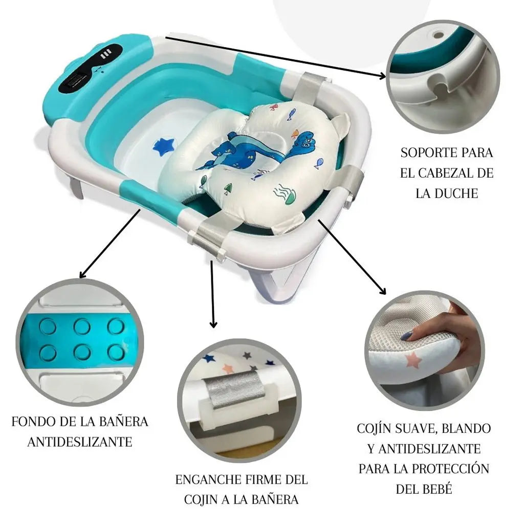 BATHBY Folding Baby Bathtub with Integrated Thermometer and Cushion, Collapsible Design for Easy Storage, Non-Slip Base, Compact Size for Travel, Suitable for Infants 0-18 Months, Available in Dinosaur, Bear, and Frog Pattern